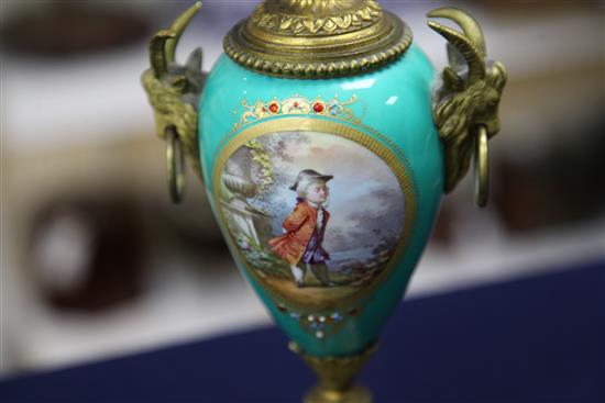 A pair of 19th century French ormolu mounted Sevres style jewelled porcelain cassoulets, height 9in.